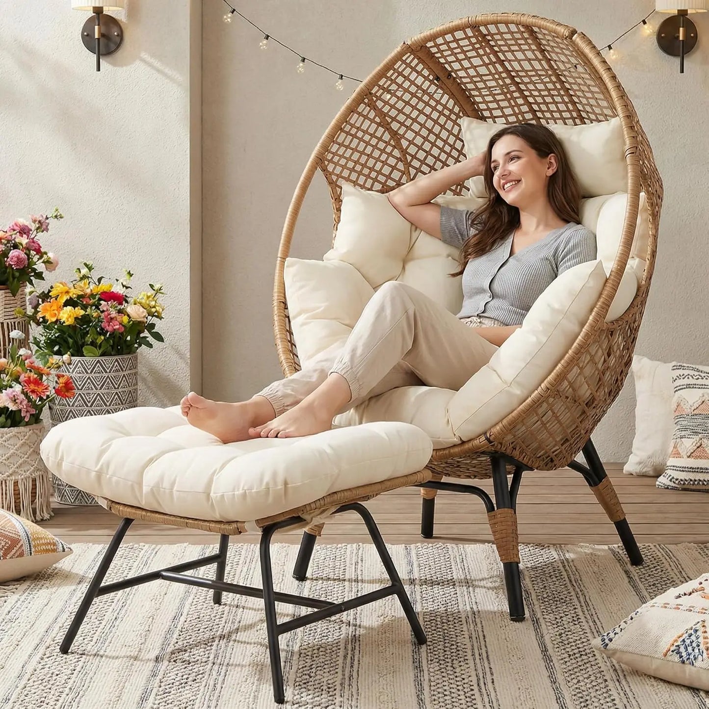 Indoor Outdoor Egg Chair With Ottoman Cushioned Lounge Footrest