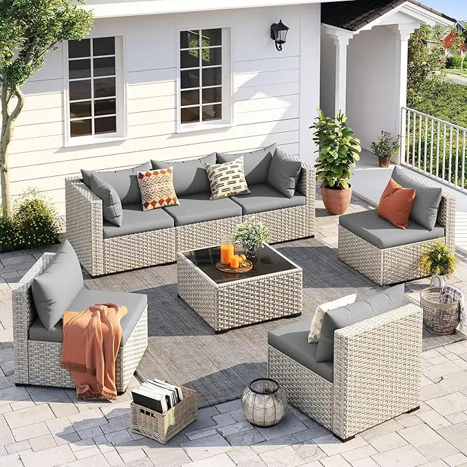 Outdoor Patio Furniture Set 7 Piece Wicker Sectional Sofa And Tea Table