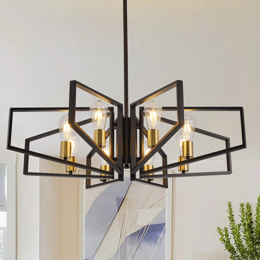 Geometric 8-Light Chandelier With Adjustable Height Metal Pendant