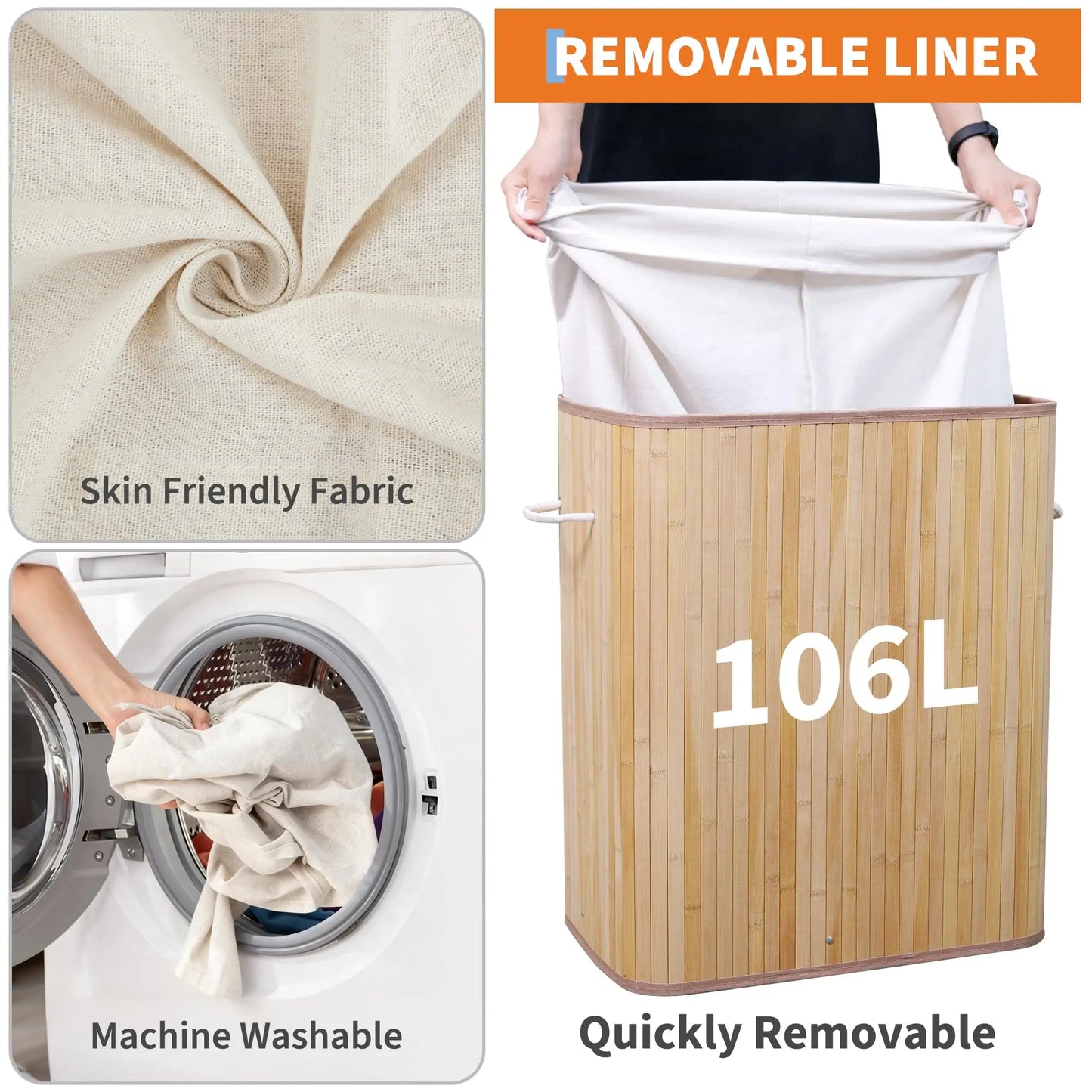 HiMISSCN Bamboo Laundry Hamper with Removable 4-Section Liner