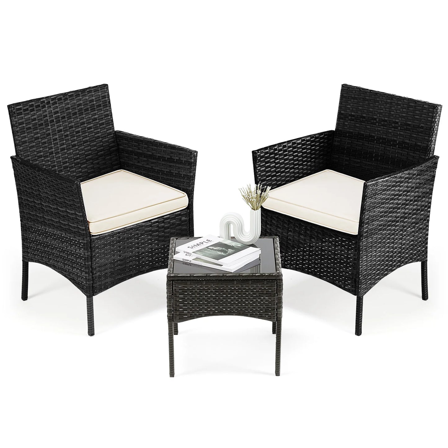 Outdoor Patio Furniture Set 3 Pieces Rattan Wicker Glass Table