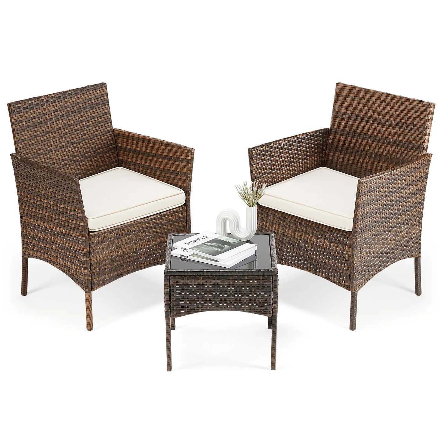 Outdoor Patio Furniture Set 3 Pieces Rattan Wicker Glass Table