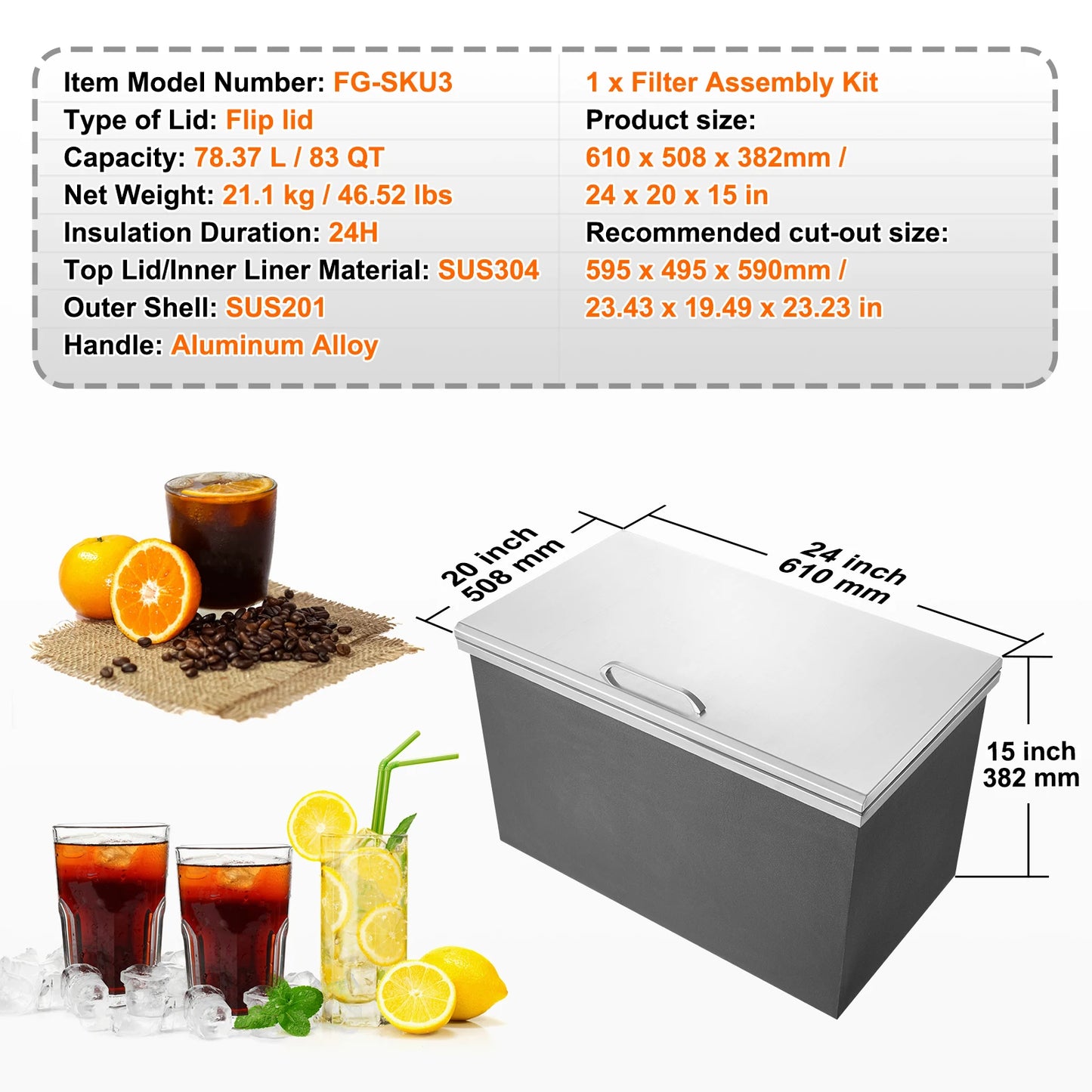 SucceBuy Drop In Ice Chest Stainless Steel Ice Cooler