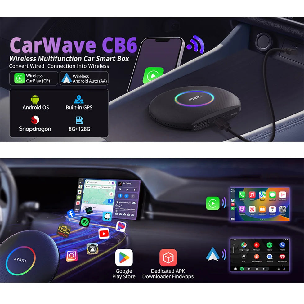 ATOTO Wireless Apple CarPlay Adapter for Android Auto USB Bluetooth