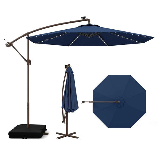 Offset Patio Cantilever Umbrella With Base And Solar LED Lights