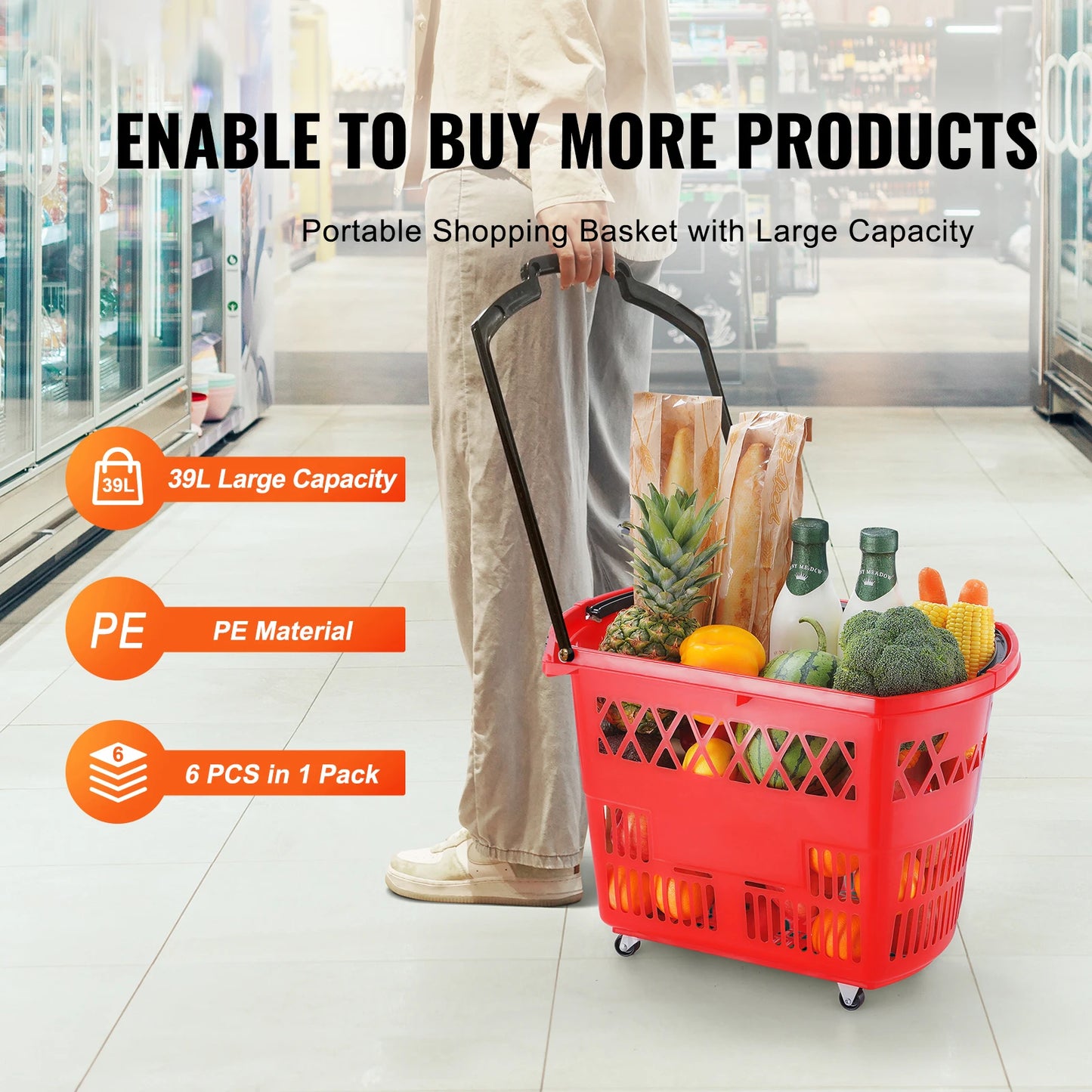 NONECN 6 Piece 39L Rolling Shopping Baskets With Handles