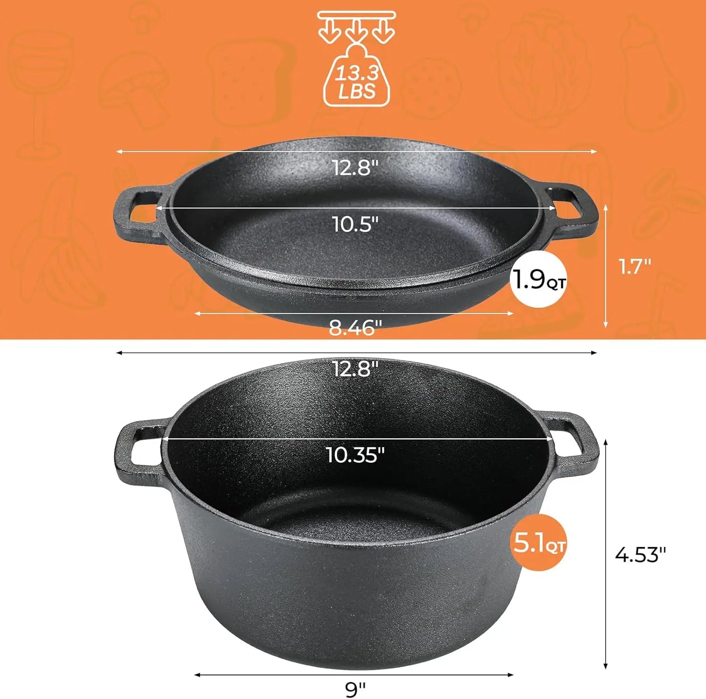 Pre-Seasoned Cast Iron Double Dutch Oven With Loop Handles