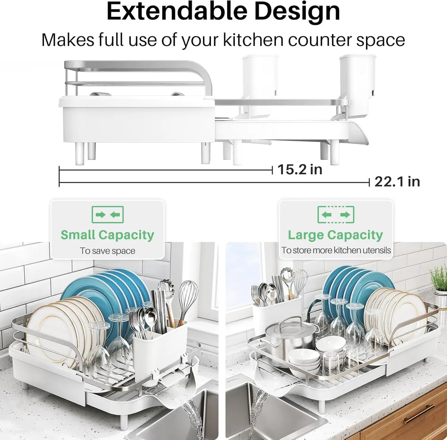 Expandable Stainless Steel Dish Drying Rack With Drainboard Utensil Holder