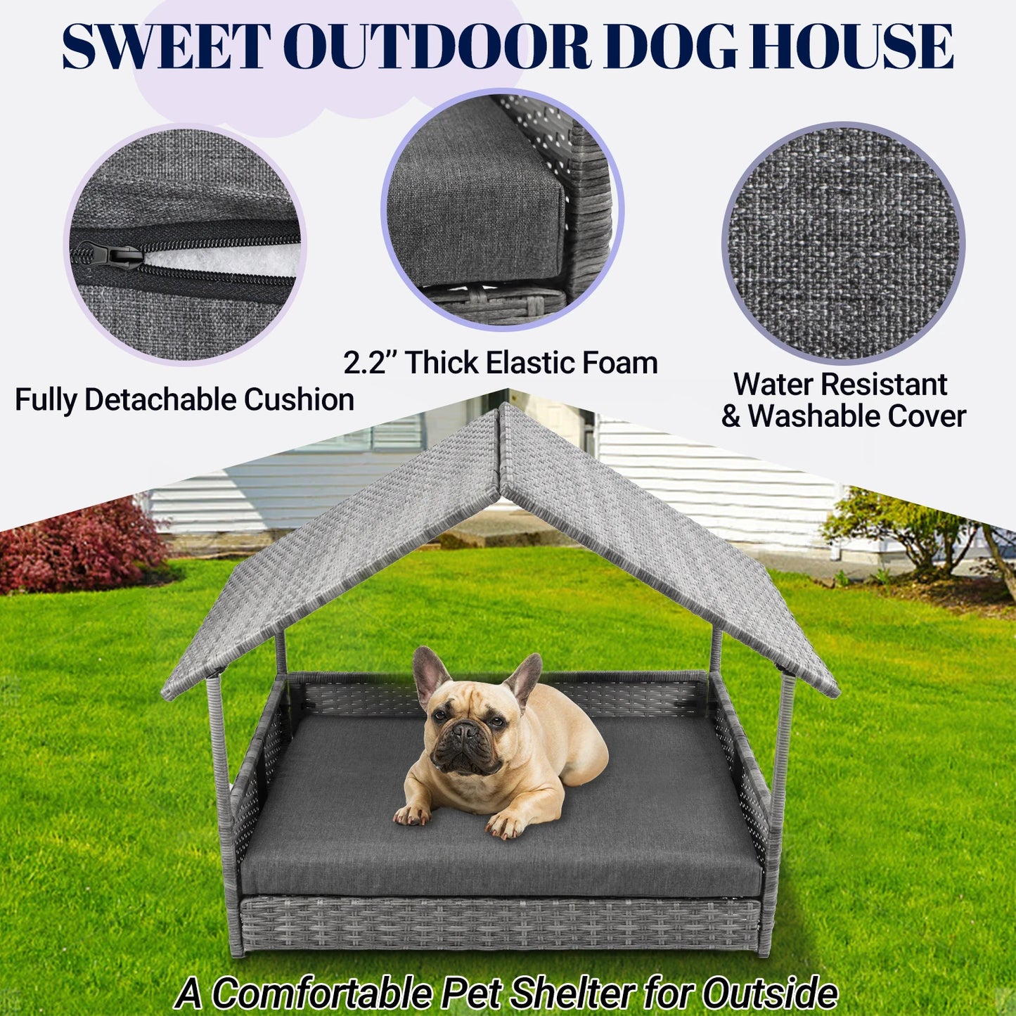 Wicker Dog House Elevated Rattan Bed With Canopy Cushion