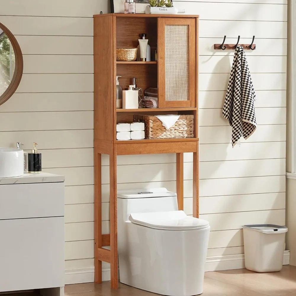 XMSJ Over Toilet Storage Cabinet Rattan Sliding Door Bathroom Organizer
