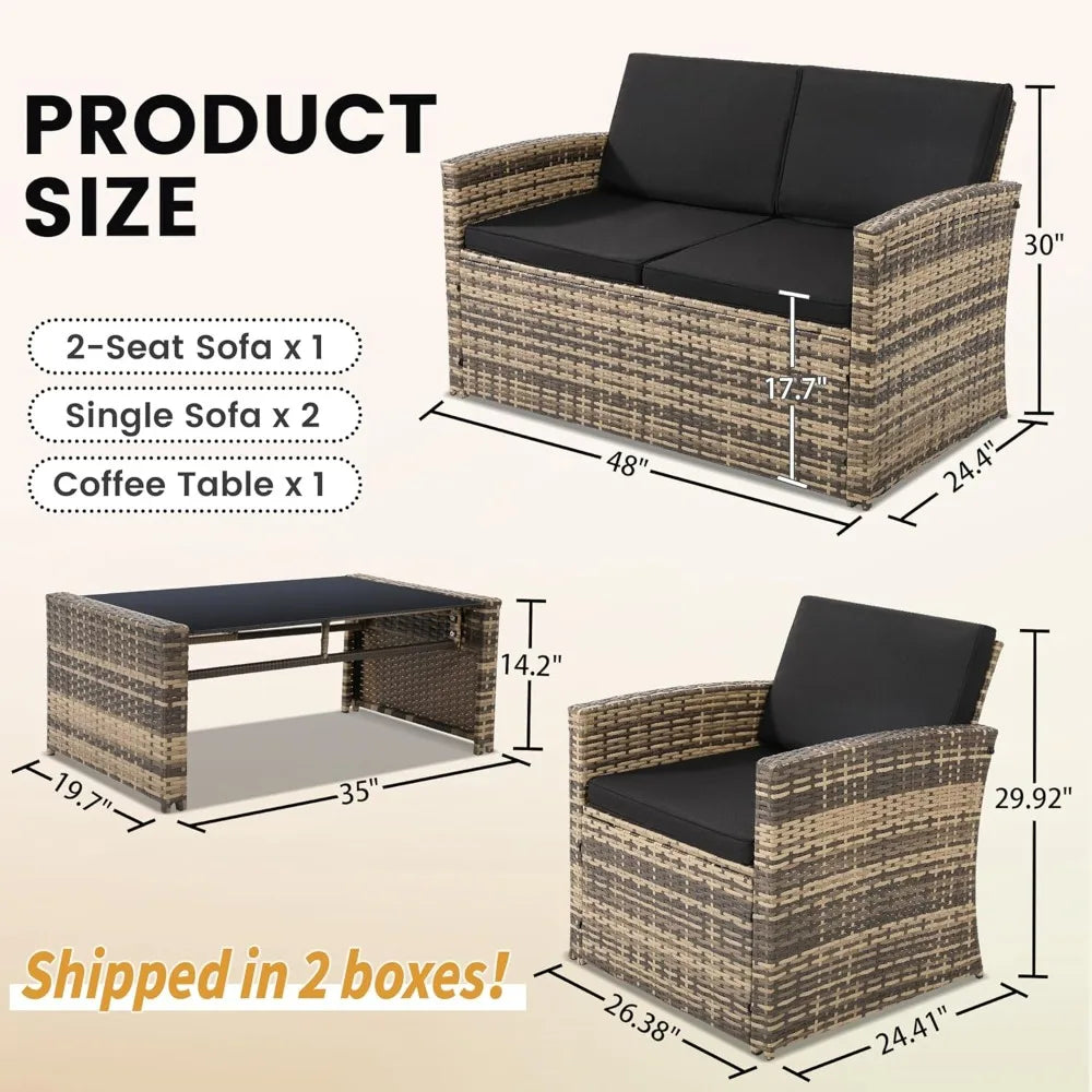 Outdoor Rattan Patio Conversation Set With Cushioned Wicker Sofa