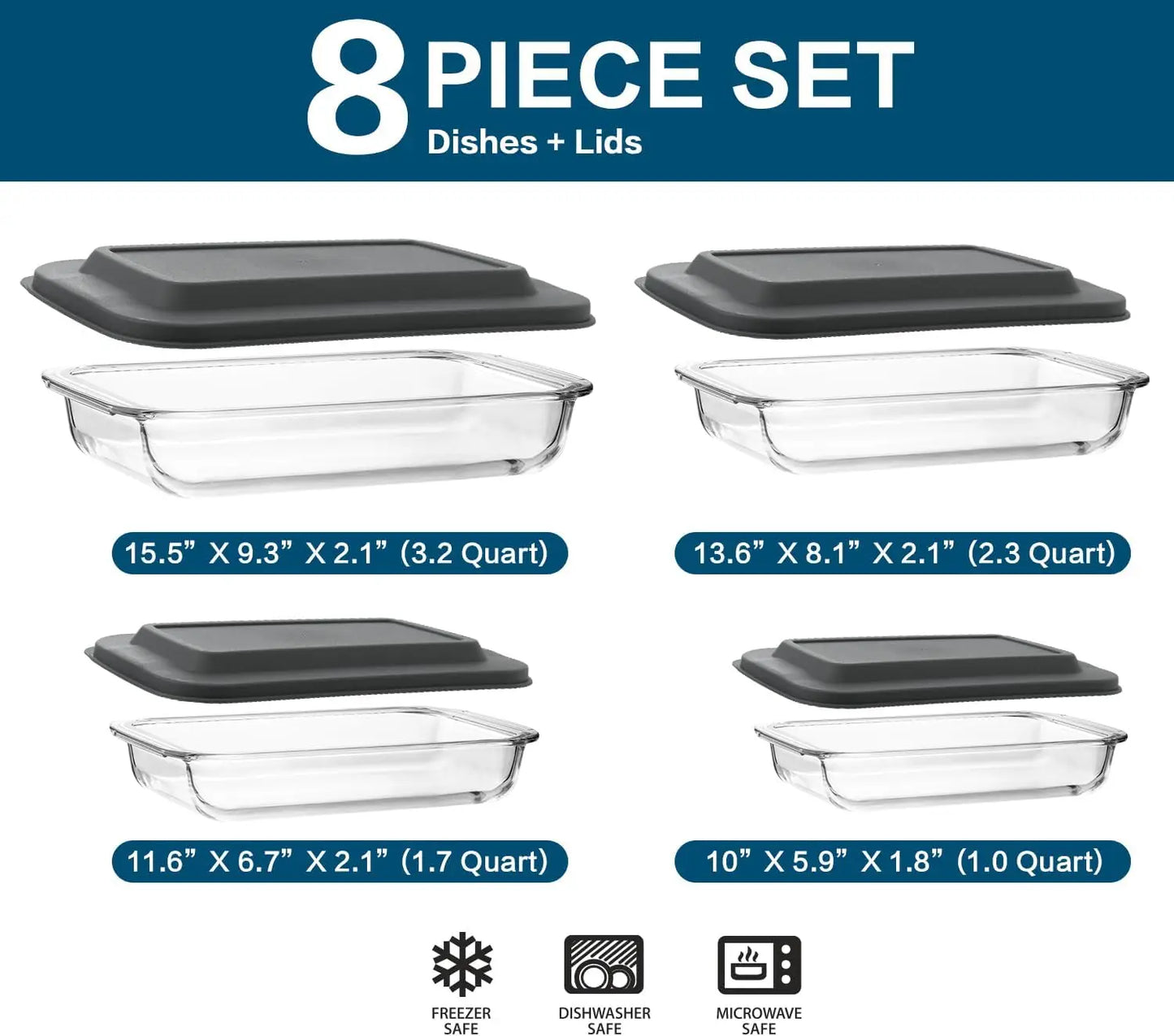 Borosilicate Glass Bakeware Set With Lids Freezer To Oven Safe