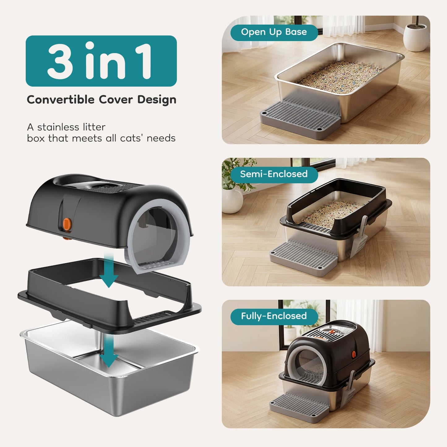 JHK Stainless Steel Cat Litter Box Enclosed For Big Cats