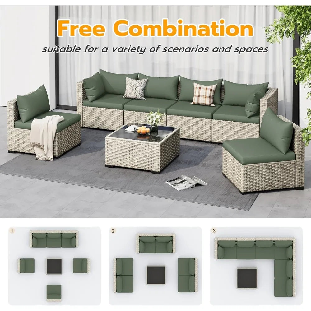 Outdoor Patio Furniture Set 7 Piece Wicker Sectional Sofa And Tea Table