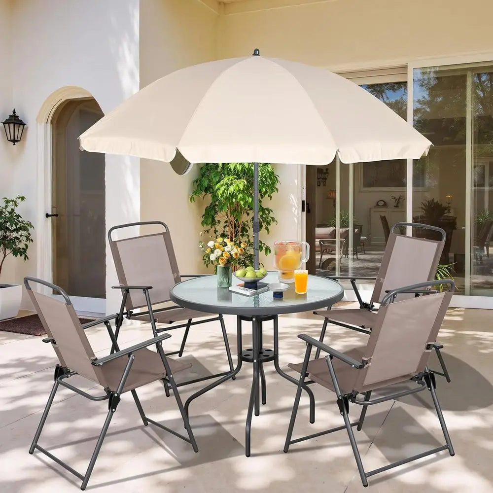 All Weather Patio Dining Set With Umbrella And Bamboo Frame