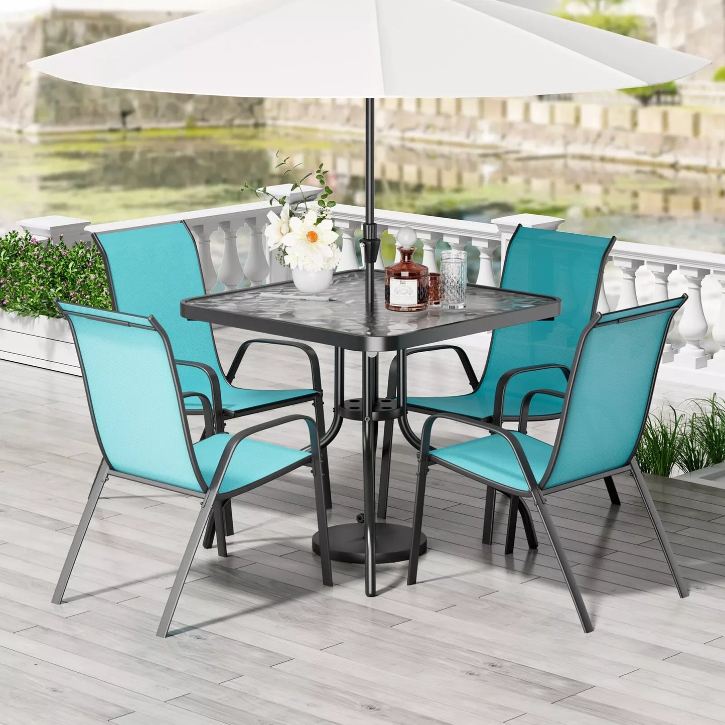 Patio Dining Set 5 Pieces Outdoor Metal Table With Textilene Chairs