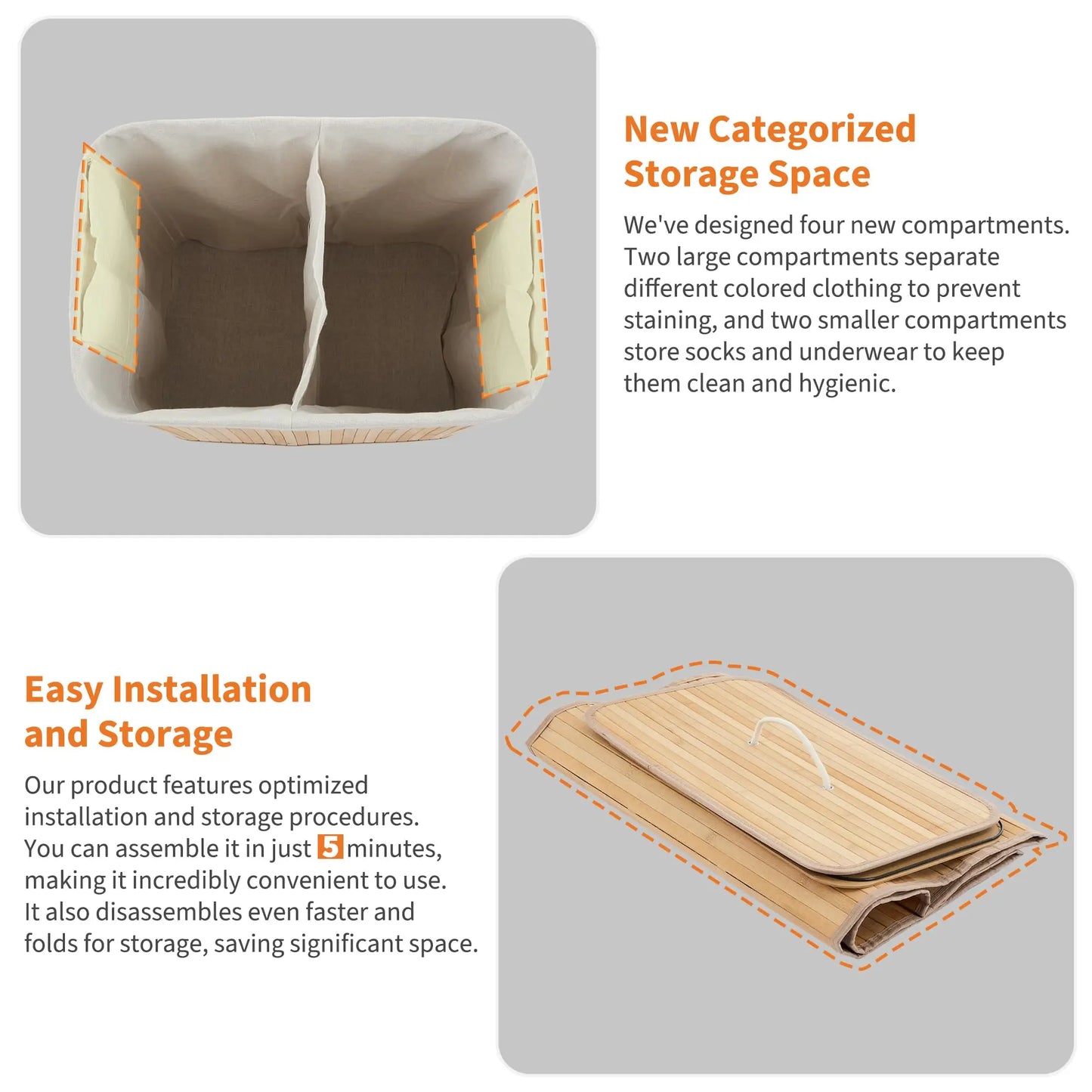 HiMISSCN Bamboo Laundry Hamper with Removable 4-Section Liner