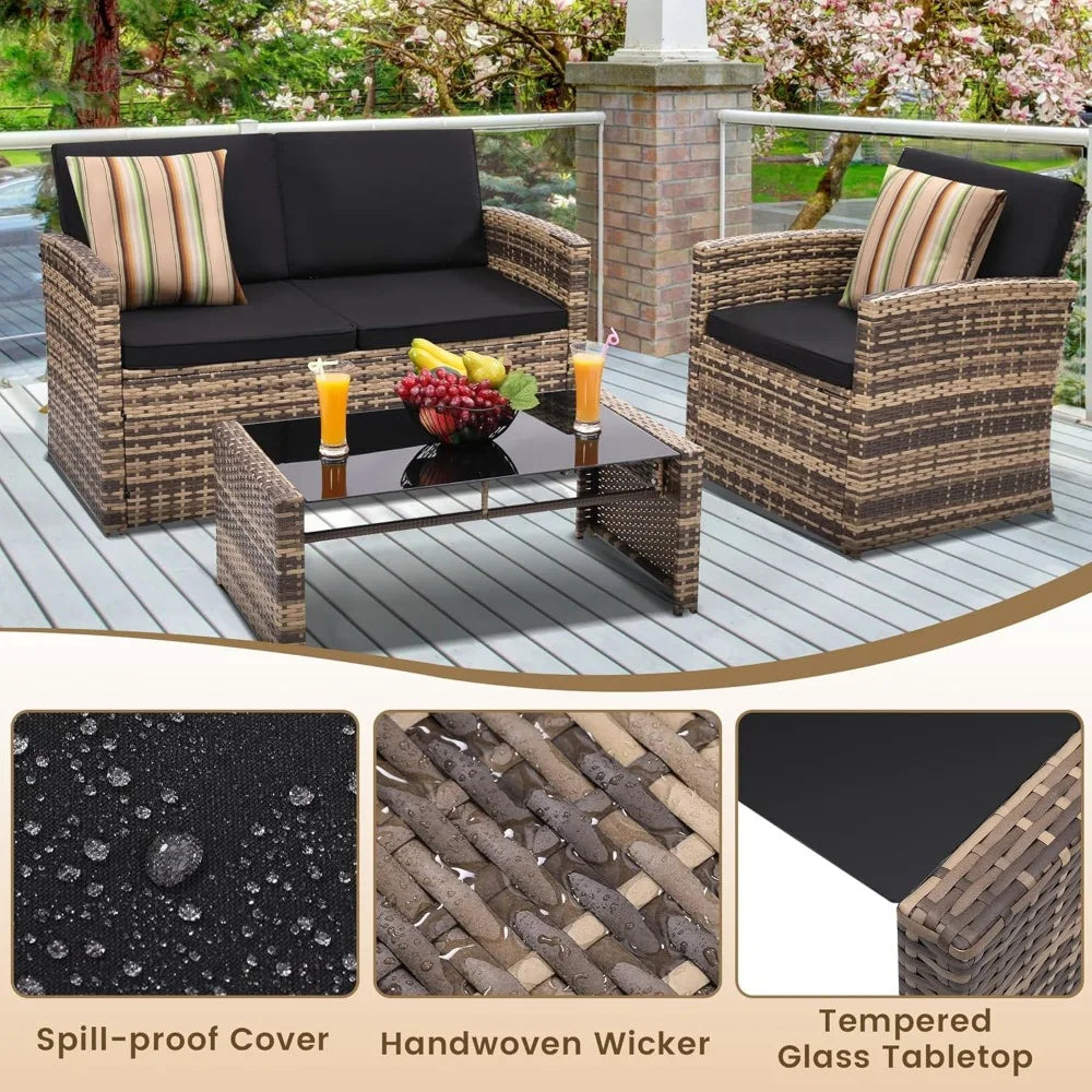 Outdoor Rattan Patio Conversation Set With Cushioned Wicker Sofa