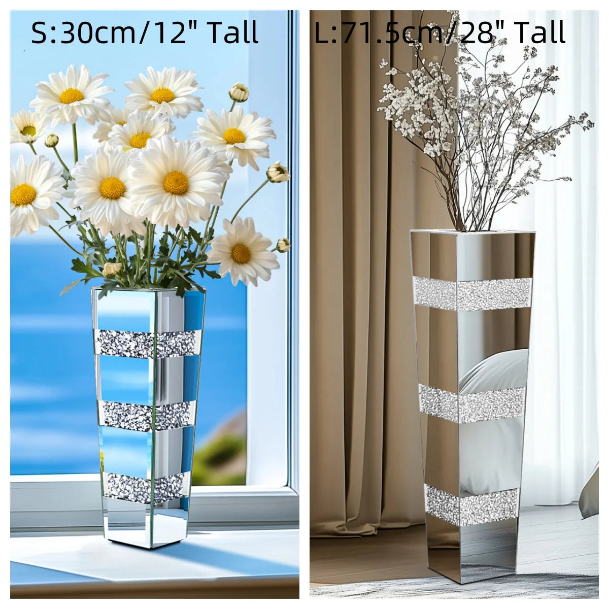 Crystal Diamond Accents Mirrored Floor Vase For Floral Arrangements