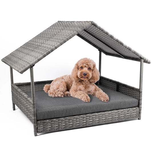 Wicker Dog House Elevated Rattan Bed With Canopy Cushion