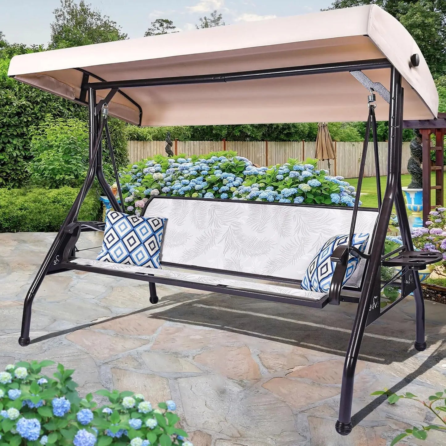 Patio Swing Chair With Adjustable Canopy And Cup Holders