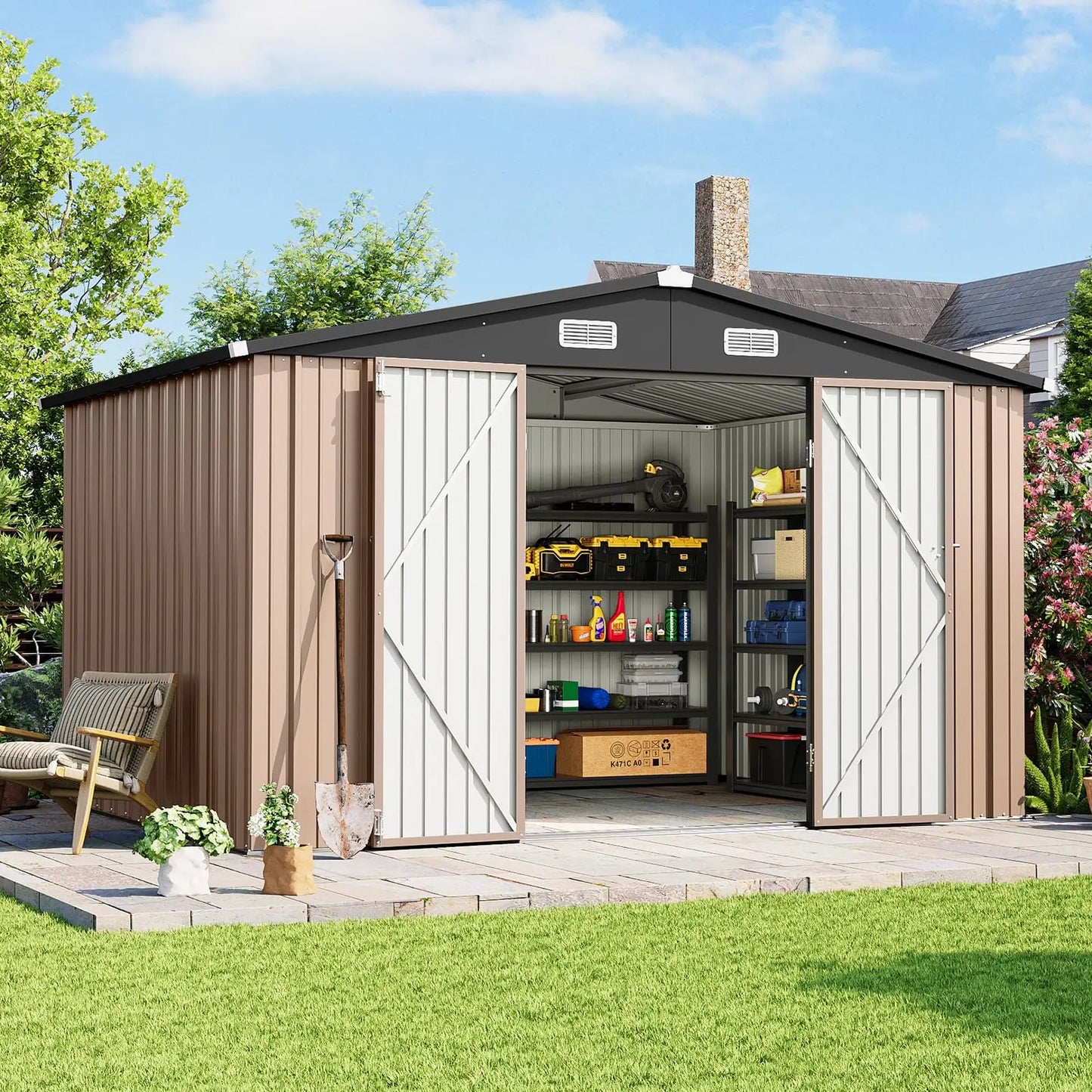 Durable Galvanized Steel Outdoor Shed With Floor And Lockable Doors