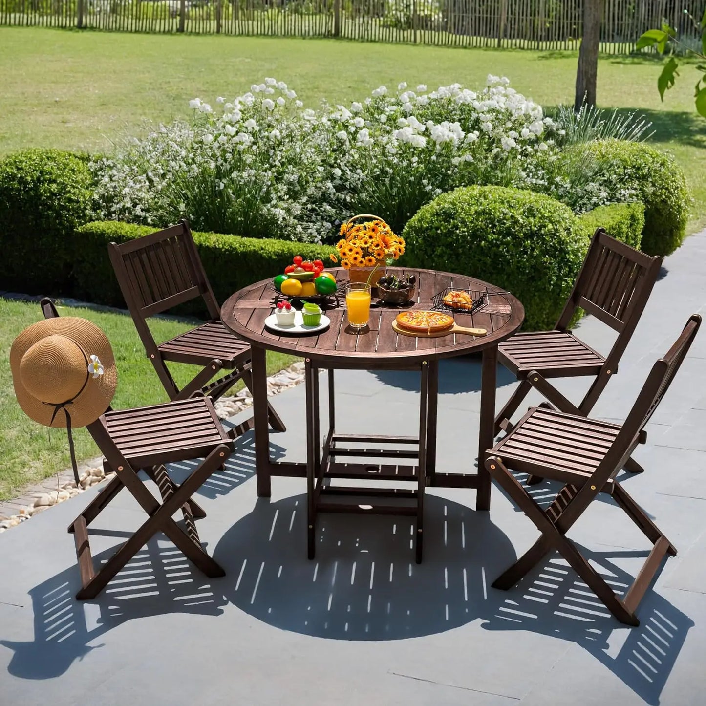 Acacia Wood Patio Dining Set With Folding Chairs And Table