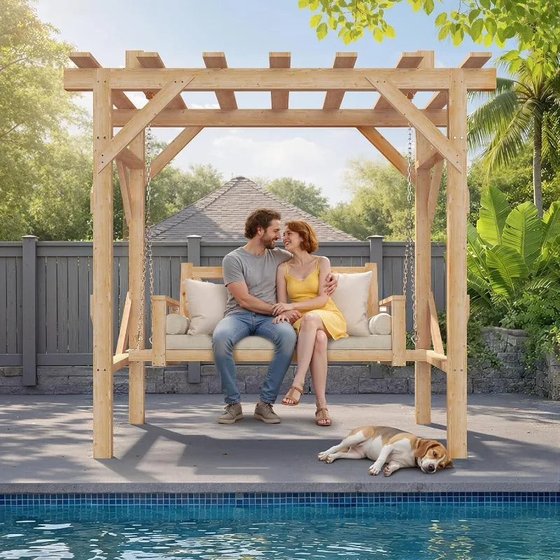 YTYIN Cedar Wood Outdoor Pergola Swing Bench With Canopy