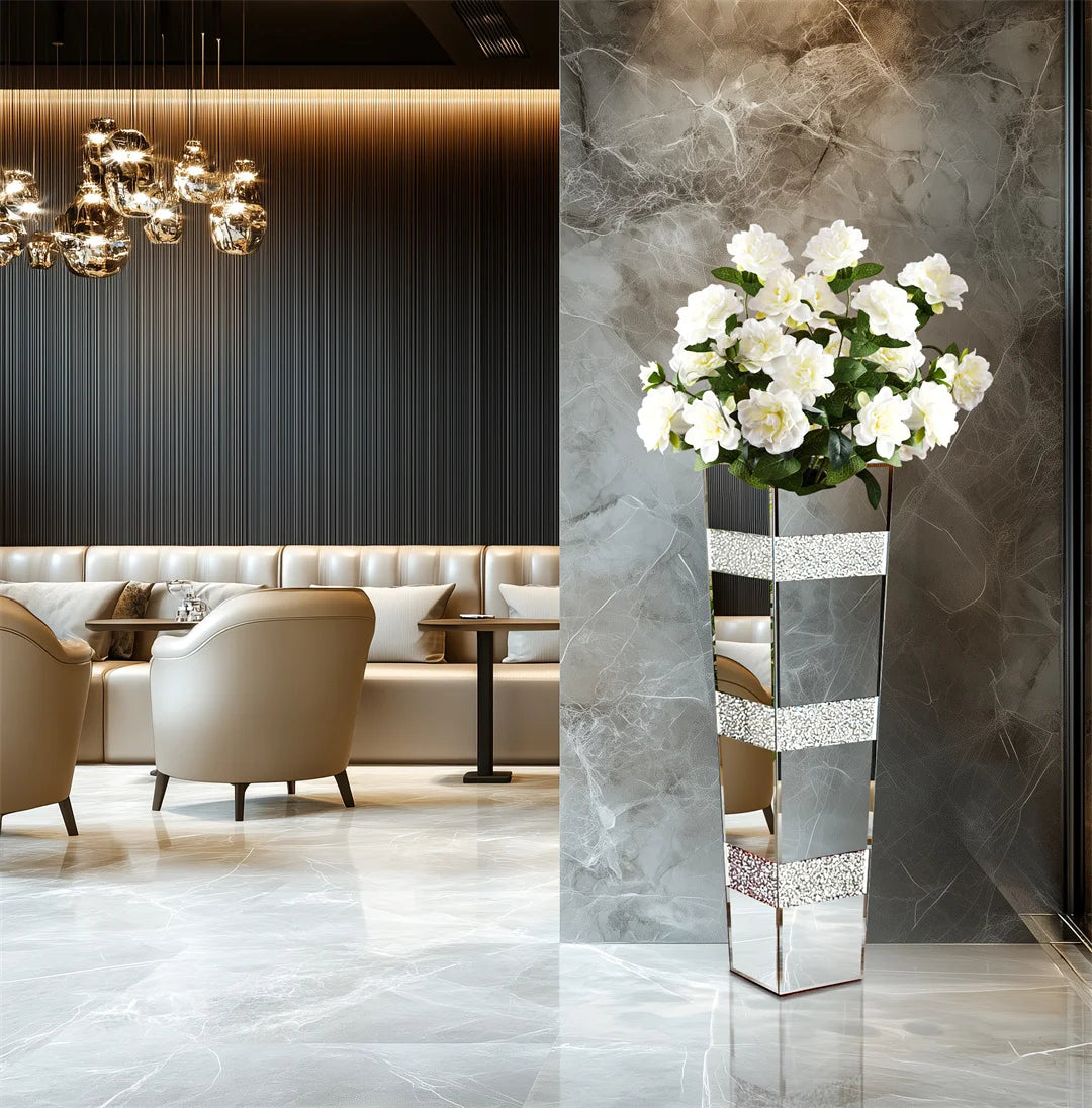 Crystal Diamond Accents Mirrored Floor Vase For Floral Arrangements