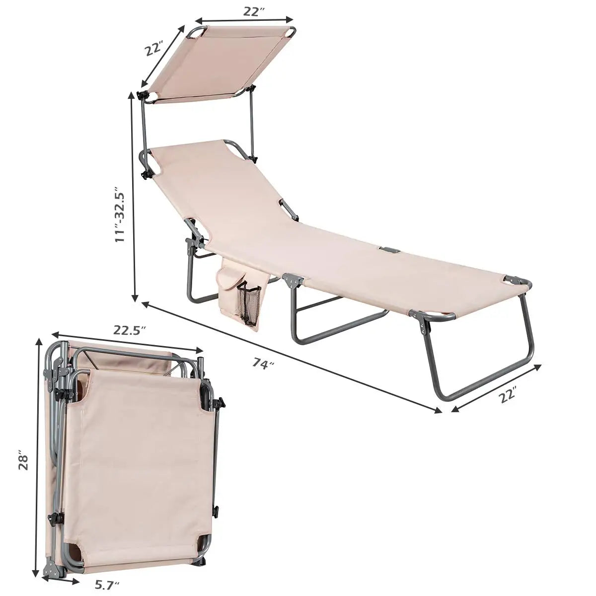 Patio Tanning Chair Chaise Lounge With Shade Canopy And Storage