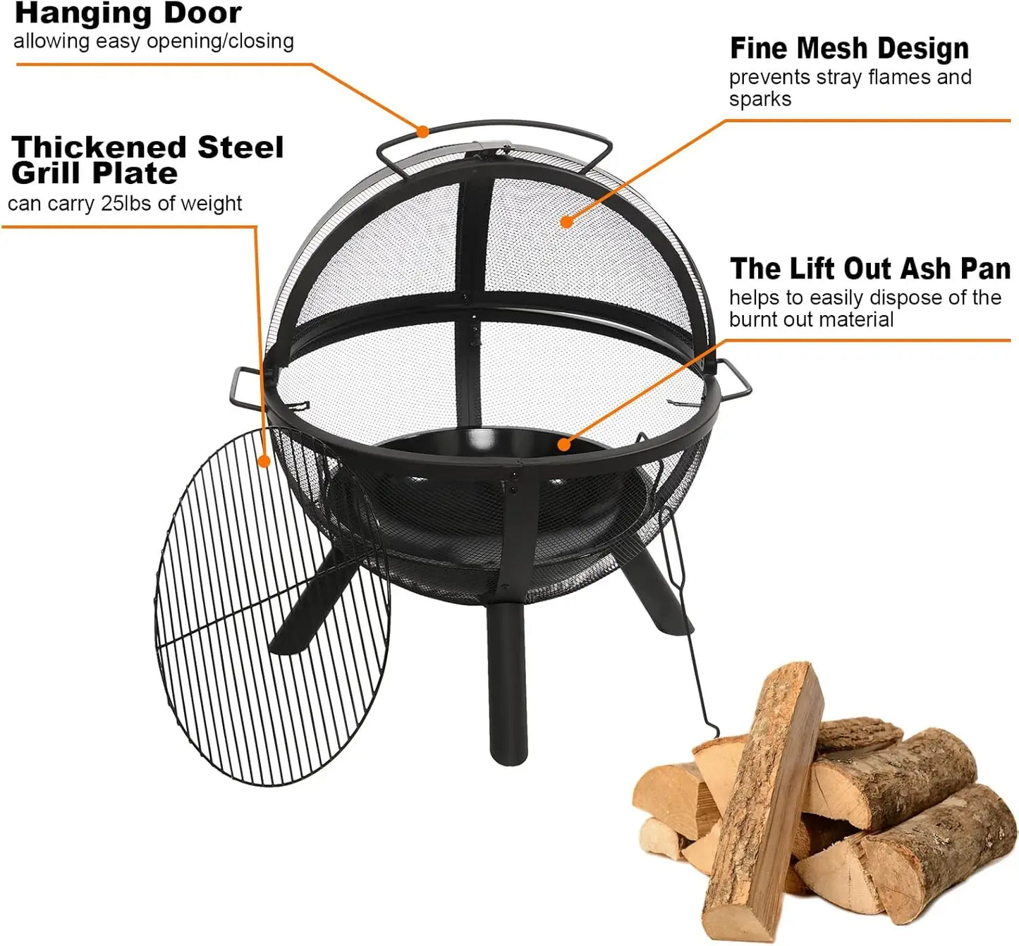 Round Fire Pit With BBQ Grill Outdoor Bonfire Patio Fireplace