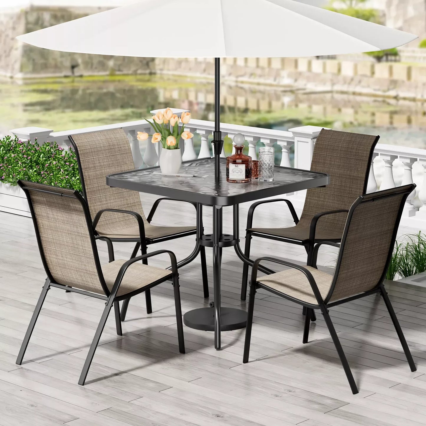 Patio Dining Set 5 Pieces Outdoor Metal Table With Textilene Chairs