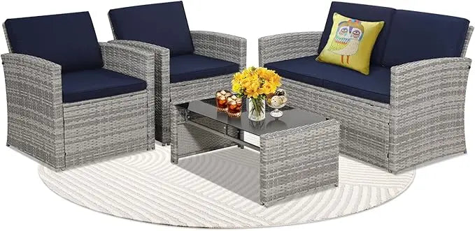Outdoor Rattan Patio Conversation Set With Cushioned Wicker Sofa