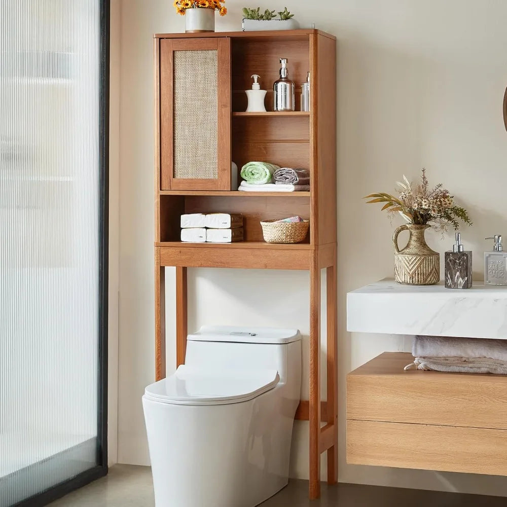 XMSJ Over Toilet Storage Cabinet Rattan Sliding Door Bathroom Organizer
