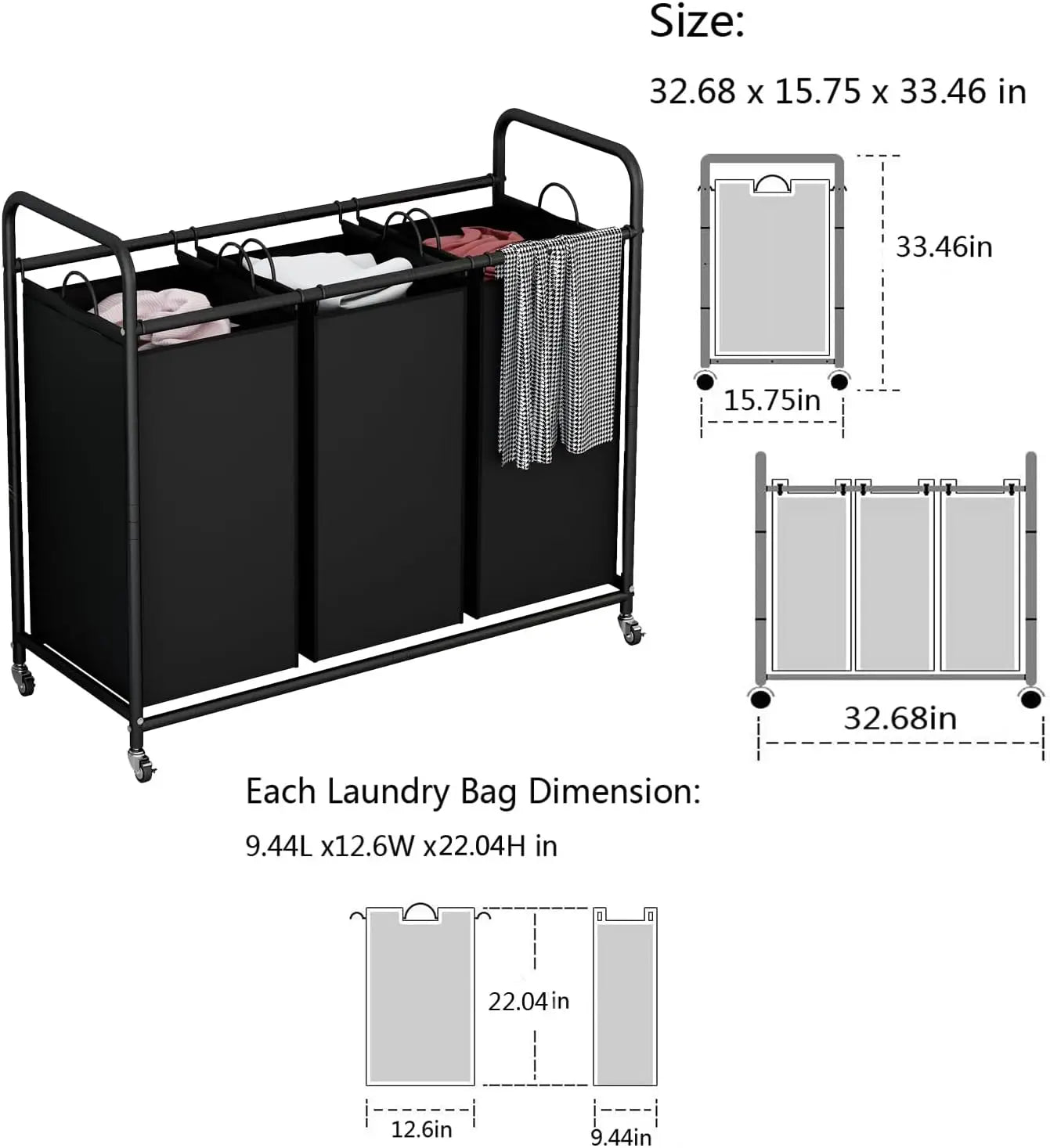 XMSJ 3 Bag Laundry Sorter Cart With Removable Bags