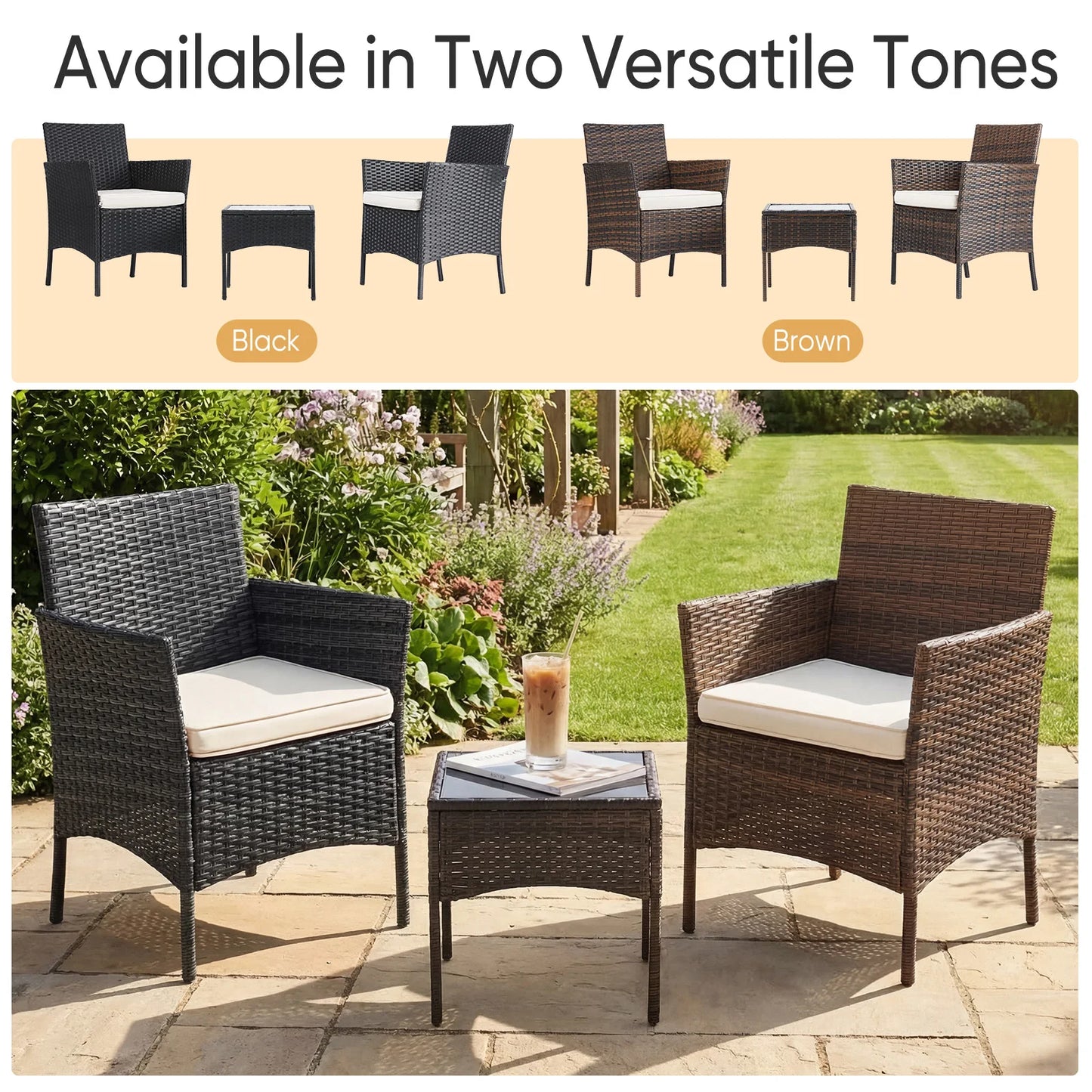 Outdoor Patio Furniture Set 3 Pieces Rattan Wicker Glass Table