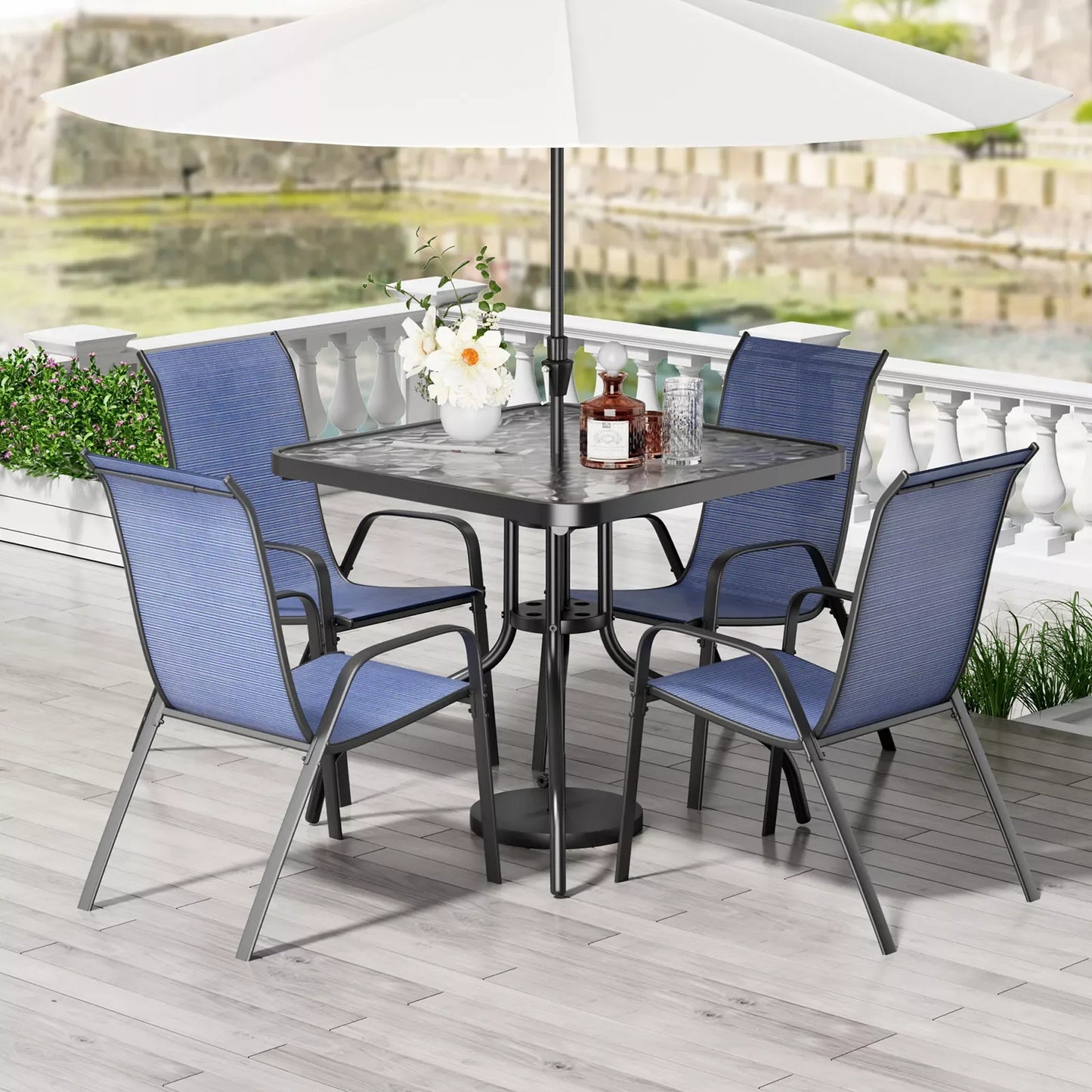 Patio Dining Set 5 Pieces Outdoor Metal Table With Textilene Chairs
