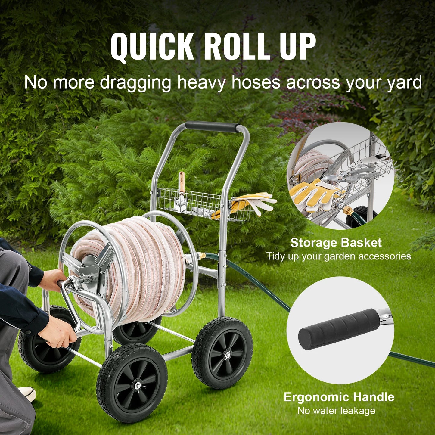SucceBuy Hose Reel Cart With Basket Garden Roll Up System