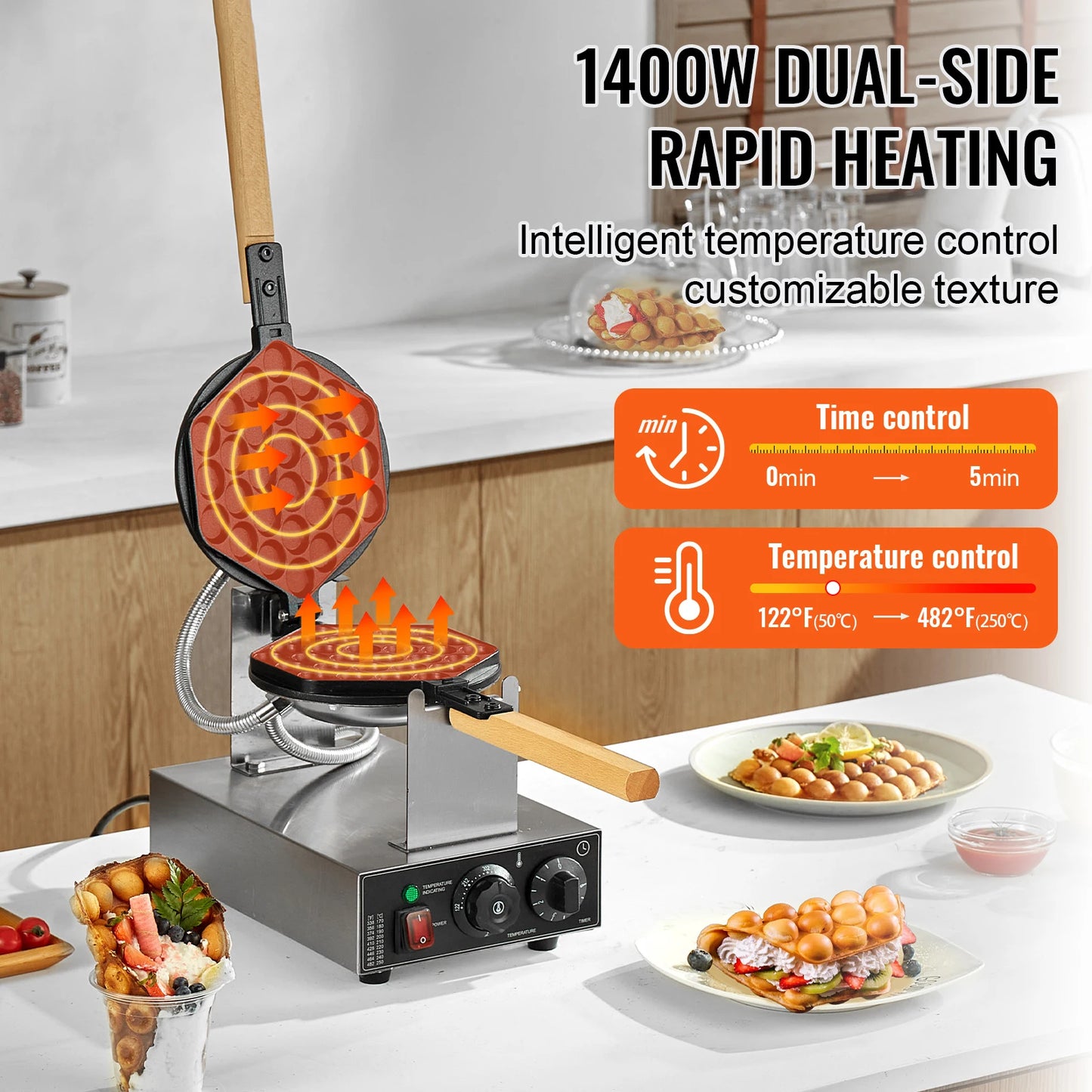 SucceBuy Commercial Egg Bubble Waffle Maker 1000-1500W Rotatable