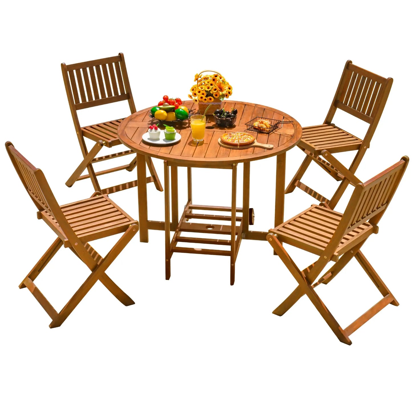 Acacia Wood Patio Dining Set With Folding Chairs And Table