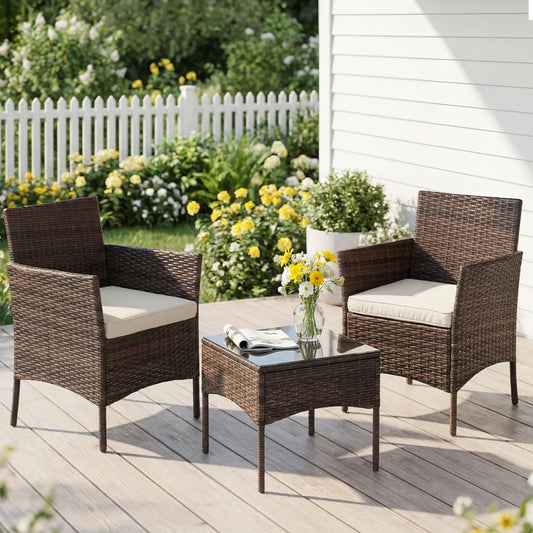 Outdoor Patio Furniture Set 3 Pieces Rattan Wicker Glass Table