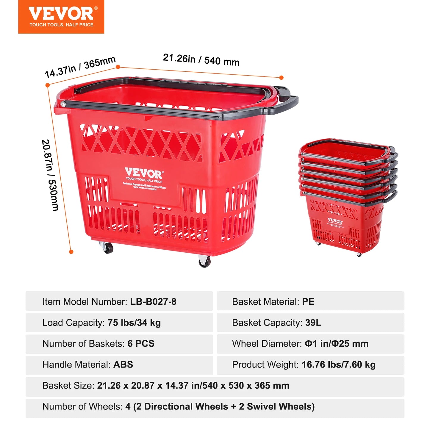 NONECN 6 Piece 39L Rolling Shopping Baskets With Handles
