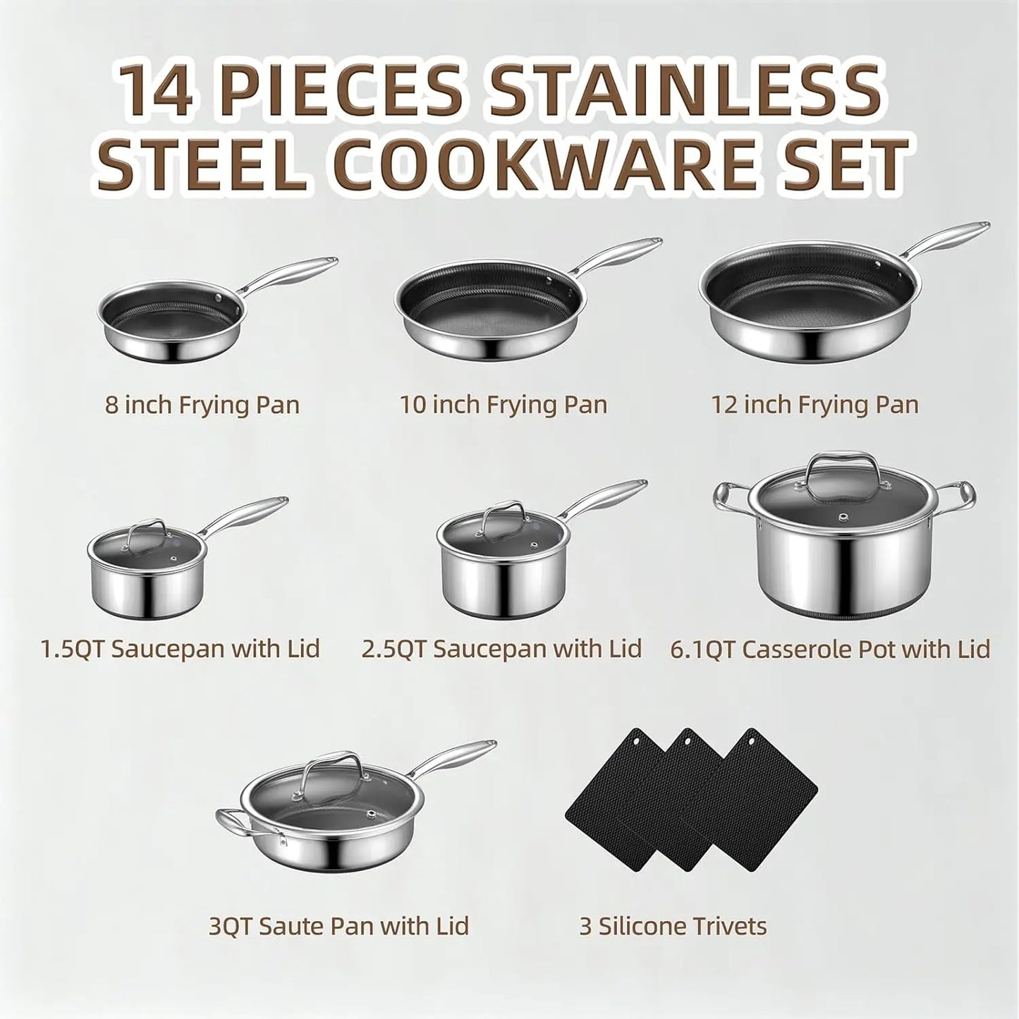 Stainless Steel Cookware Set With Nonstick Coating Induction Oven Safe