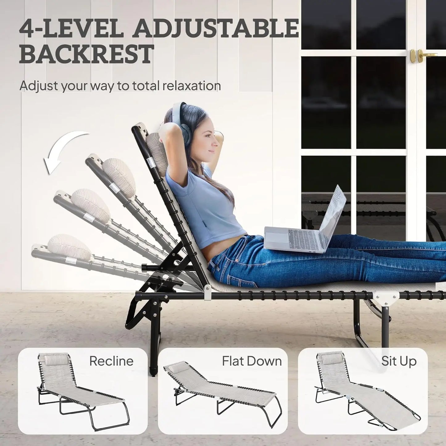 Folding Chaise Lounge Chair Outdoor Sun Lounger With Reclining Back