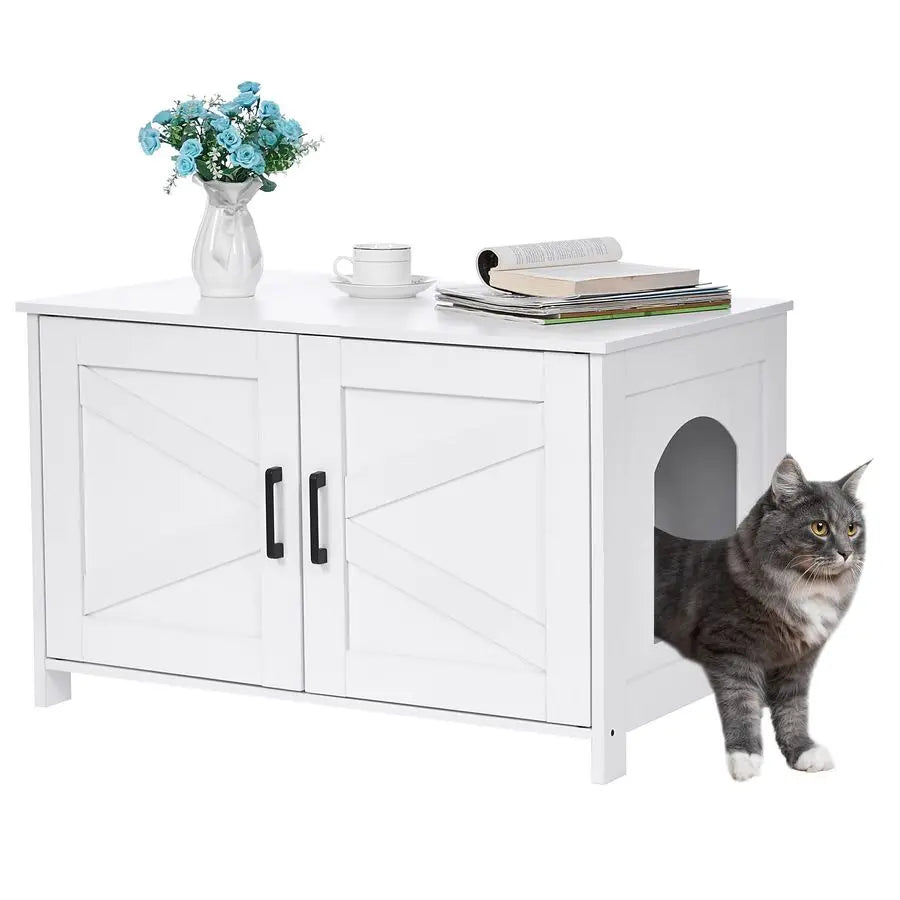 XMSJ Cat Litter Box Enclosure Wooden Washroom Cabinet Barn Door