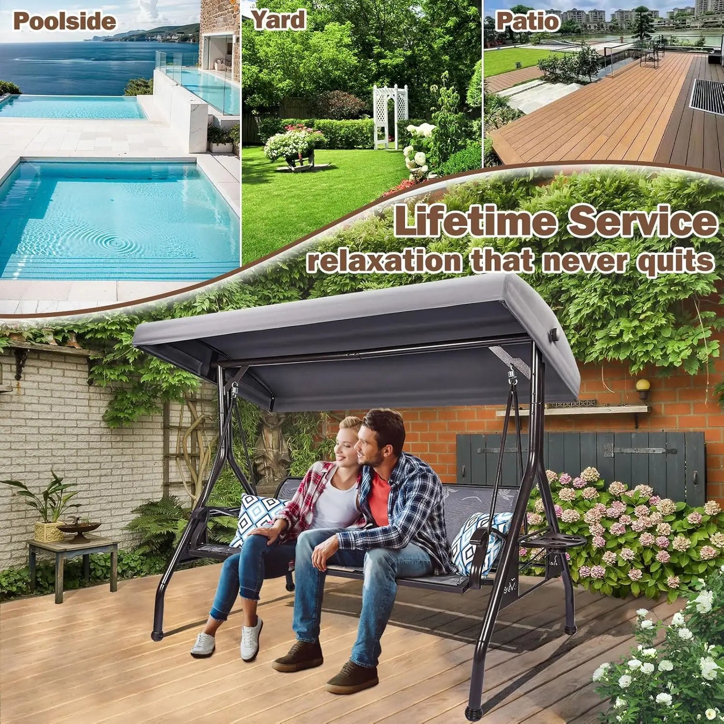 Patio Swing Chair With Adjustable Canopy And Cup Holders