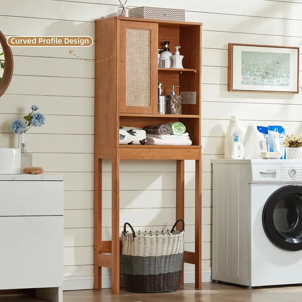 XMSJ Over Toilet Storage Cabinet Rattan Sliding Door Bathroom Organizer