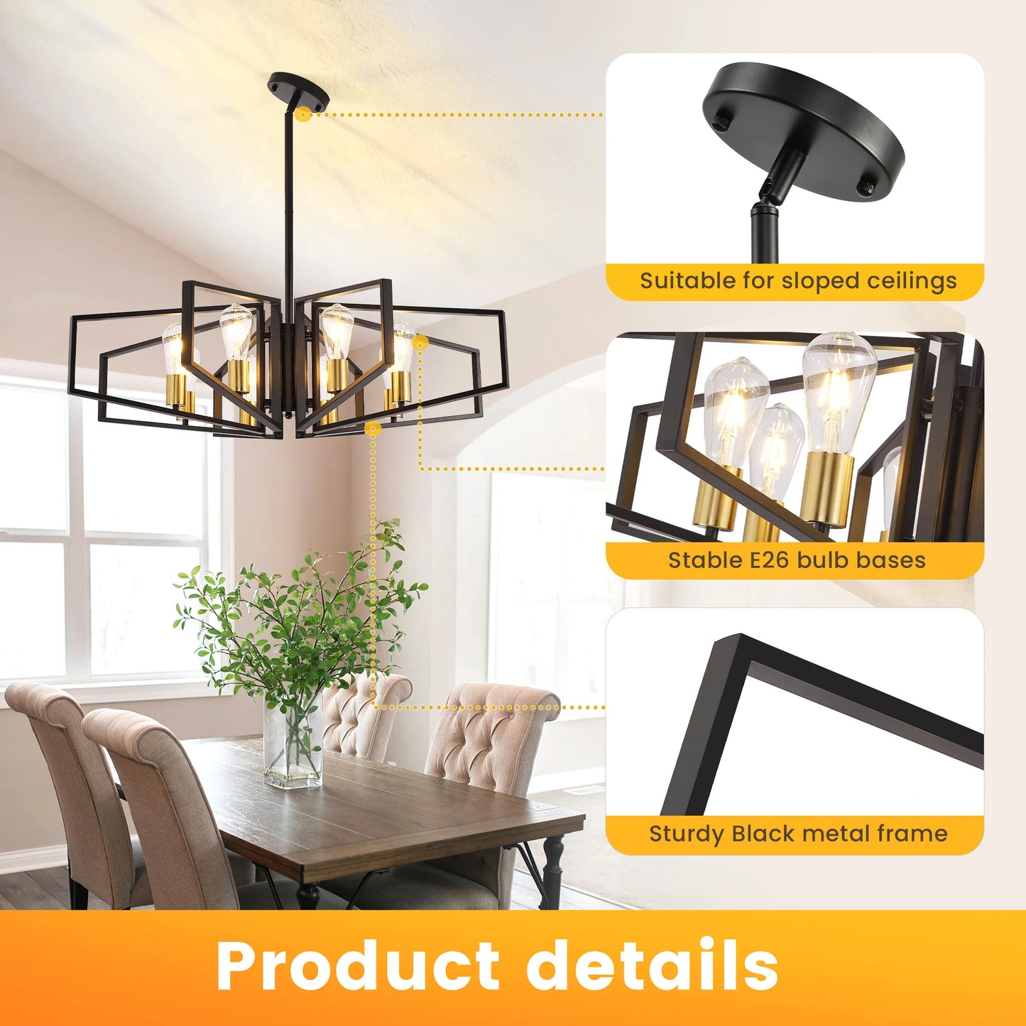 Geometric 8-Light Chandelier With Adjustable Height Metal Pendant