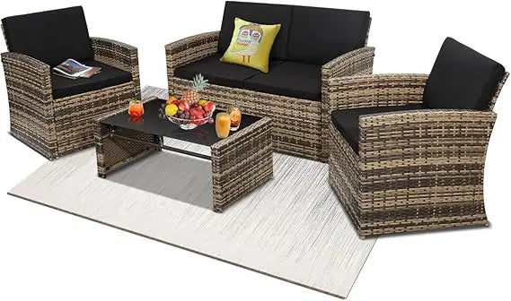 Outdoor Rattan Patio Conversation Set With Cushioned Wicker Sofa