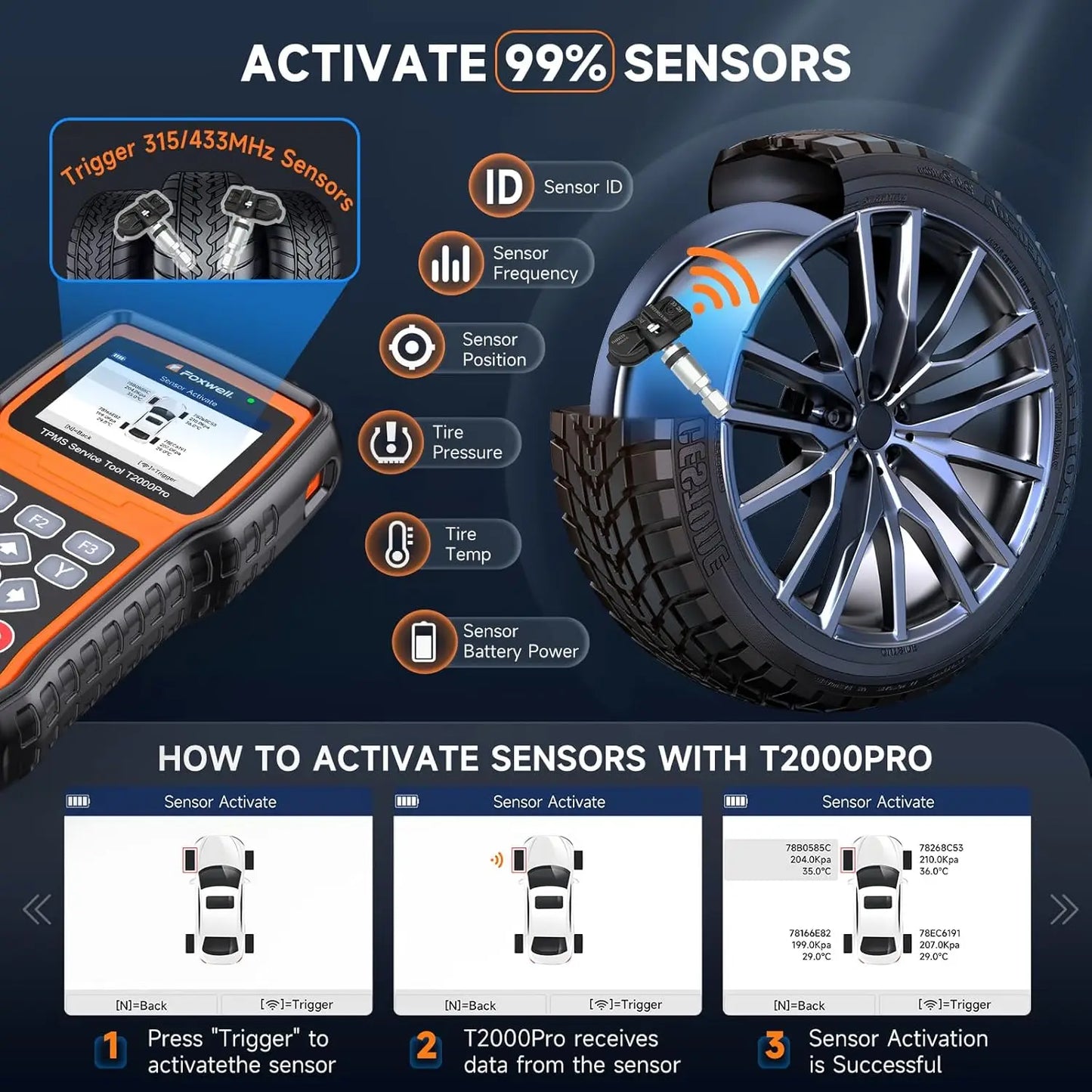 FOXWELL T2000 PRO Tire Pressure TPMS Tool Relearn Activate Sensors